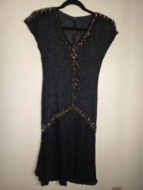 Vintage Black Beaded Gold SSource Unknown Black Backless Dress with Gold Accents